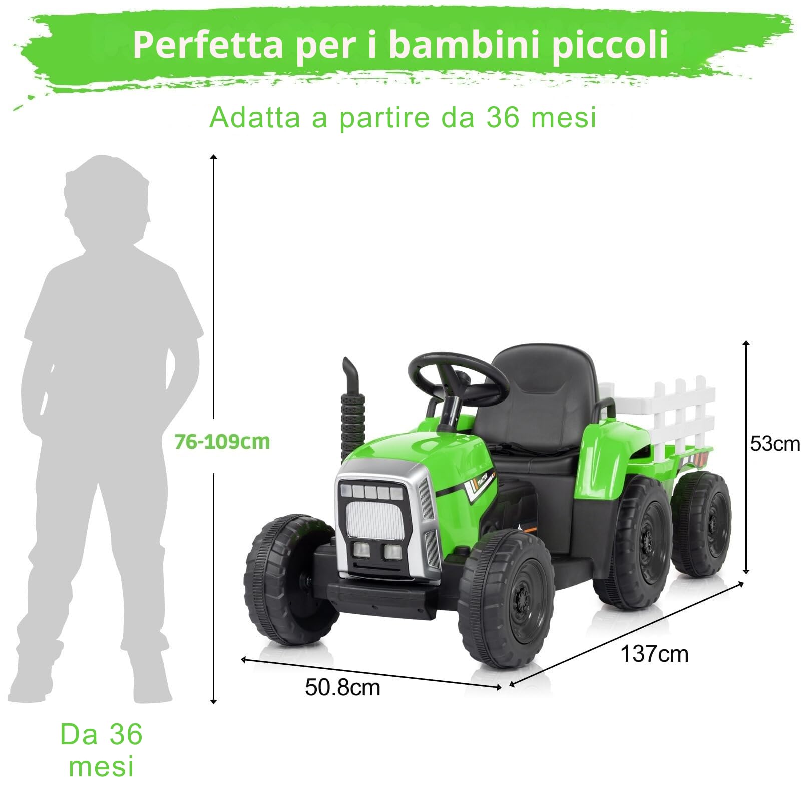 LALAHO trattore elettrico per bambini 12V con luci a LED, trattore telecomandato, musica, 3-8km/h, rimorchio staccabile (Verde chiaro)