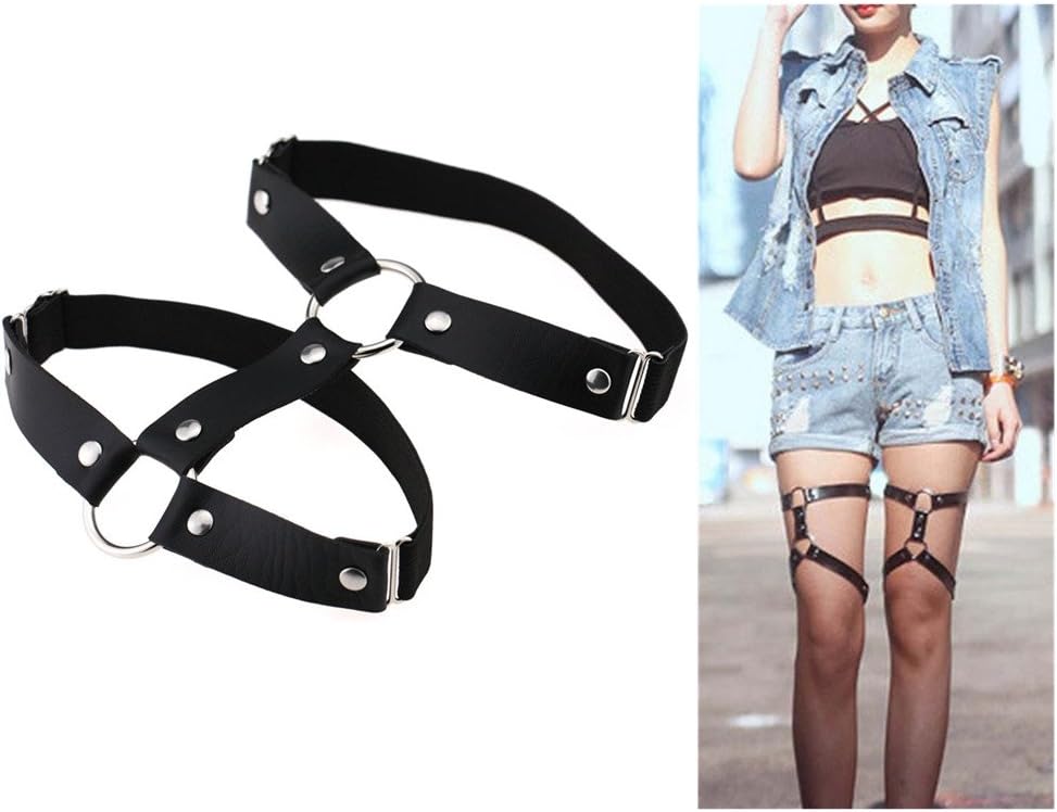 Adjustable Elastice 2 Rows Leather Leg Harness Garter Belt Punk Gothic Thigh Ring Garter - Image 2