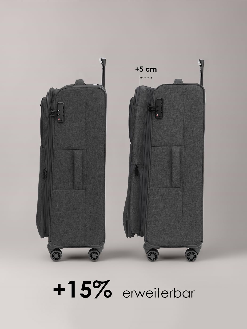 REDOLZ Koffer-Set 3-teilig Reise-Trolleys Softcase 4 Doppelrollen TSA-Schloss erweiterbar Essentials 12