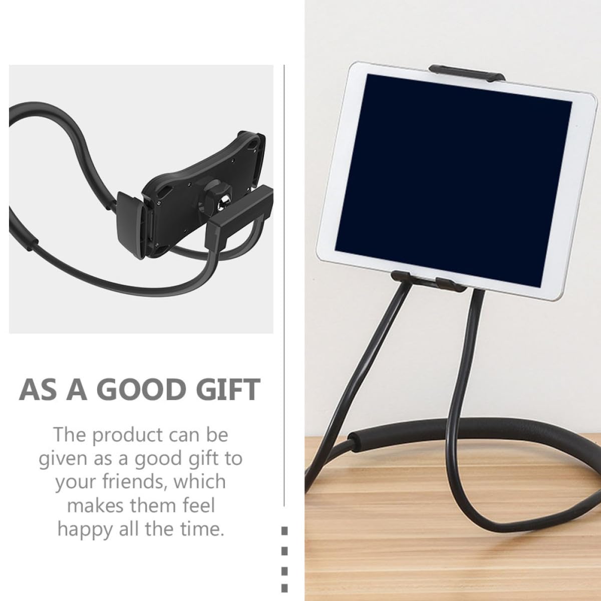 Uonlytech Soporte para Tableta Tipo Cuello Colgante Negro, Flexible y Giratorio, Material Aluminio- y Silicona, Cómodo Cuello y Uso en Casa