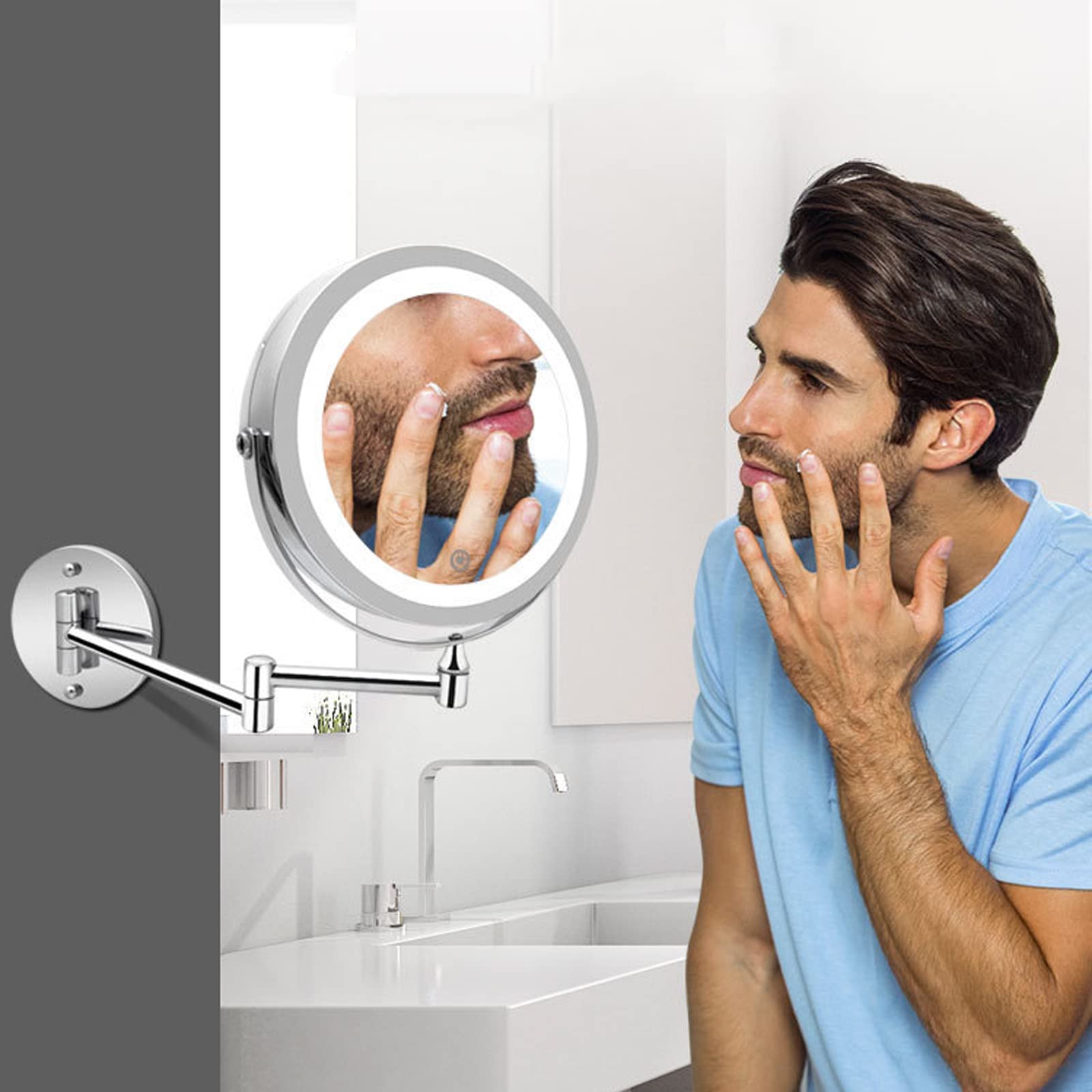 Espejo Maquillaje con Luz, Espejo Aumento con Luz Espejo Cosmetico Brillo Regulable Espejo Baño Extensible Espejo de Afeitar Espejo Ducha con Pantalla Táctil, Carga por USB