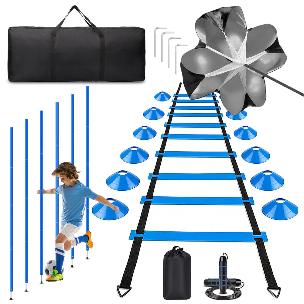 Fussball Trainingszubehör, Fußball Trainingsset mit 6 Slalom Poles, Koordinationsleiter 6m, 12 Hütchen, Springseil und Resistance Fallschirm