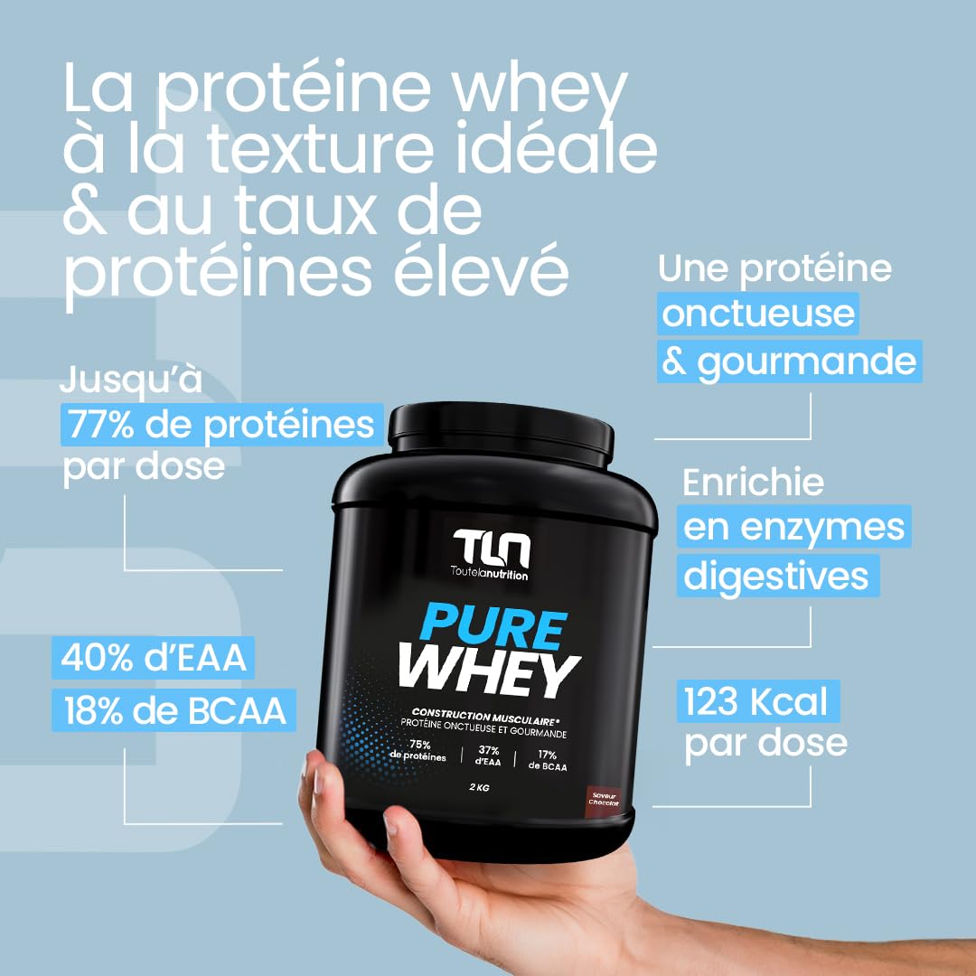 PURE WHEY | Jusqu’à 77% de Protéines | Riche en BCAA & EAA | Construction Musculaire Rapide et Sèche | Peu Calorique | Digestion Facile DigeZyme® | Texture MilkShake Saveur Chocolat | 2kg | TLN