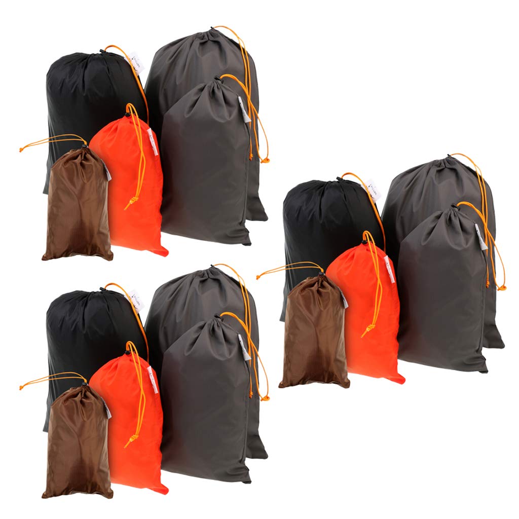 Easnea 15Pack Lightweight Nylon Compression Stuff Sack Bag Waterproof Outdoor Camping Small Sleeping Bag Black Drawstring Bag, 5 Sizes