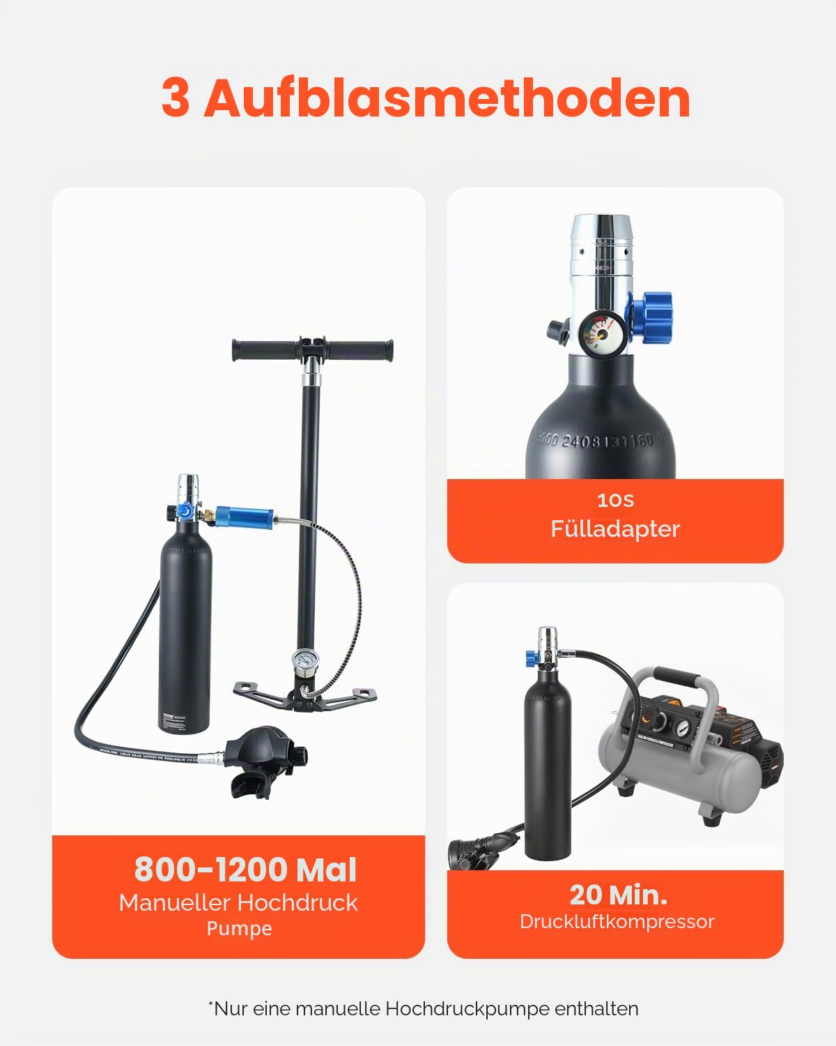 VEVOR Tauchflasche Tauchtank Sauerstoffflasche zum Tauchen unterstützt 5–10 Minuten Unterwasseratmung, 30 m Tauchtiefe, nachfüllbarer Schnorchel-Lufttank mit Pumpe für Unterwassererkundung