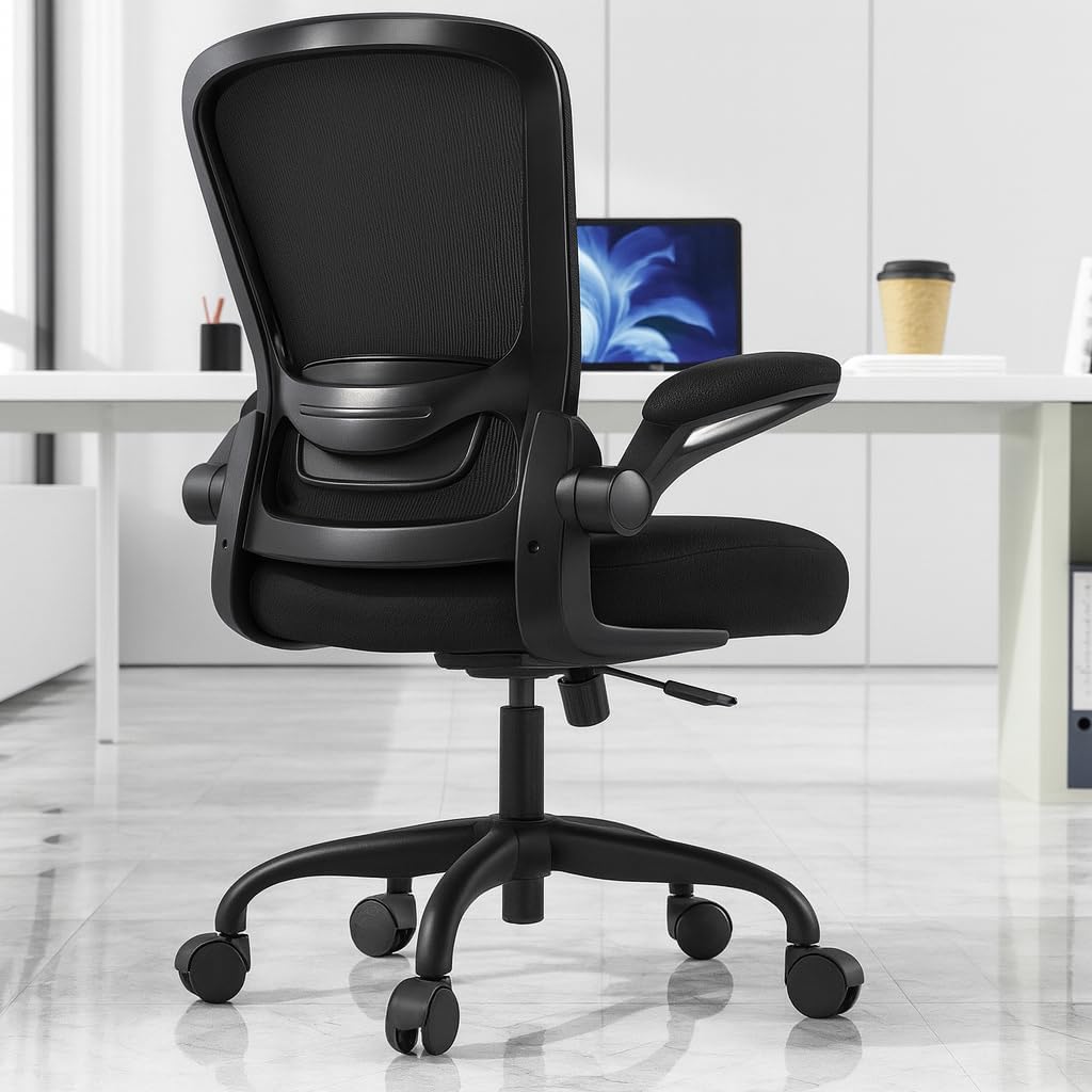 Mimoglad Ergonomic Office Chair - BIFMA Certified, Flip-up Armrests & 135 Recline, Adjustable Lumbar Support - Space-Saving Task Chair for Business/Team Office & Home (Black, 300lbs)