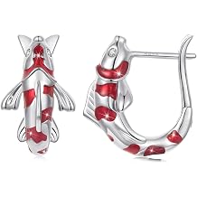Silver Gold Koi Fish Hoop Earrings for Women 925 Sterling Silver Plated Hypoallergenic Red Enamel Dangle Ear Huggie Earring Cute Animal Statement Jewelry for Sensitive Ears