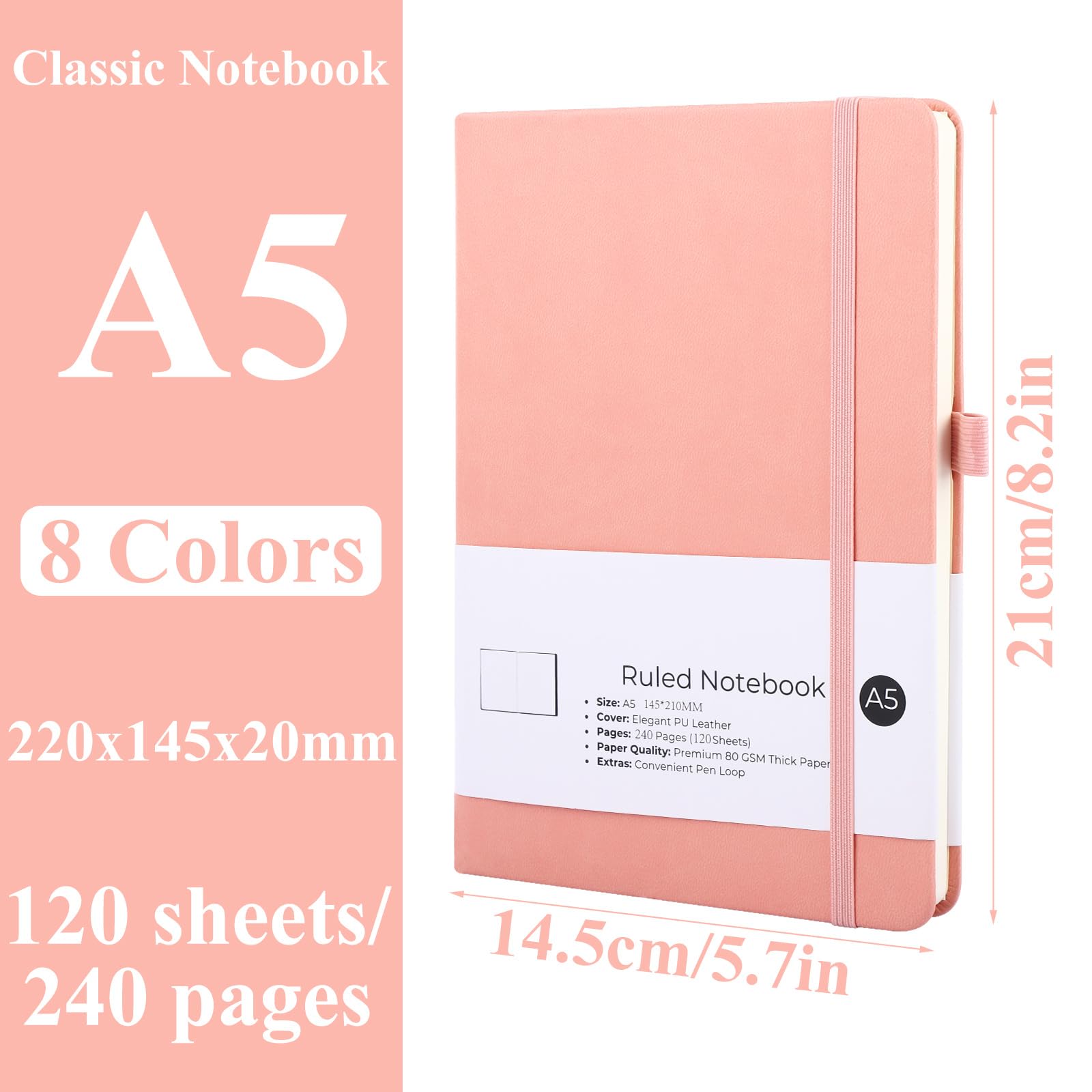 YOUNTHYE 8 Pack A5 Notebook, 80 gsm PU Leather Lined Journal Notebook A5 Notepad Hardback with Bookmark, Pen Loop, 240 Pages, for Office School Home Business Writing - Image 2