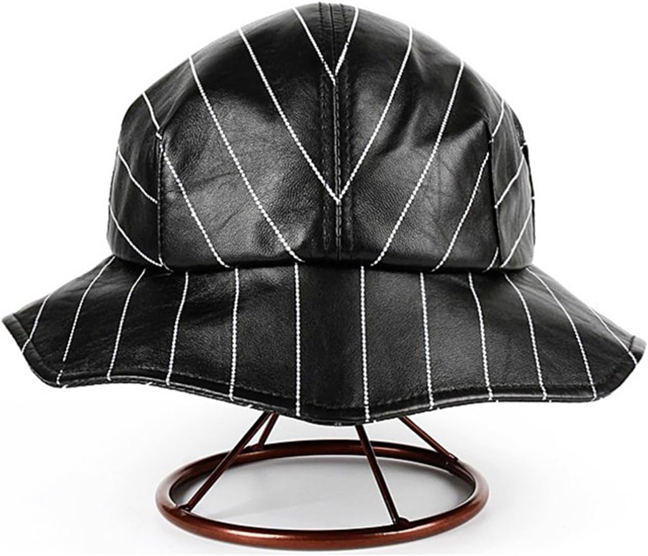 帽子 バケットハット本革バケットハット本物のシープスキンソリッドトップファッション漁師キャップ女性のための (Color : Bla