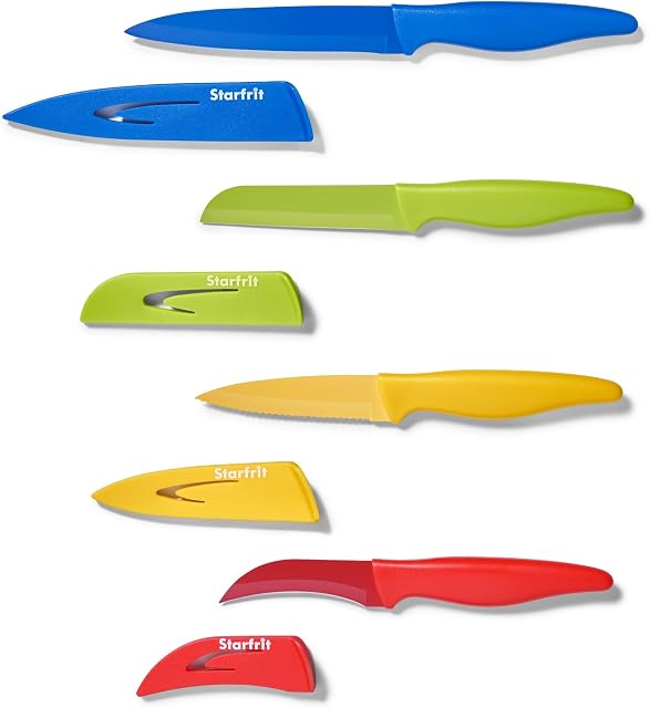 Starfrit Set of 4 Multipurpose Knives, High Carbon Stainless Steel Blades, Non-Stick Coating, Ergonomic Handles, Paring, Peeling, Santoku & Utility Knives with Sheaths