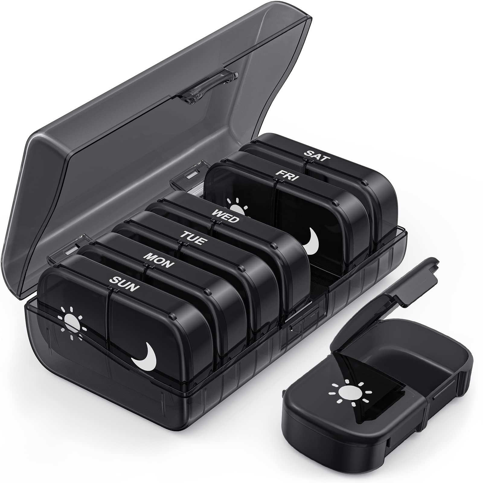 Extra Large Weekly Pill Organizer 2 Times a Day, One-Side Open Pill Box 7 Day for Easy Filling, Black Privacy Protection AM PM Pill Case for Vitamins, Medication, Supplements, Fish Oils (Black)