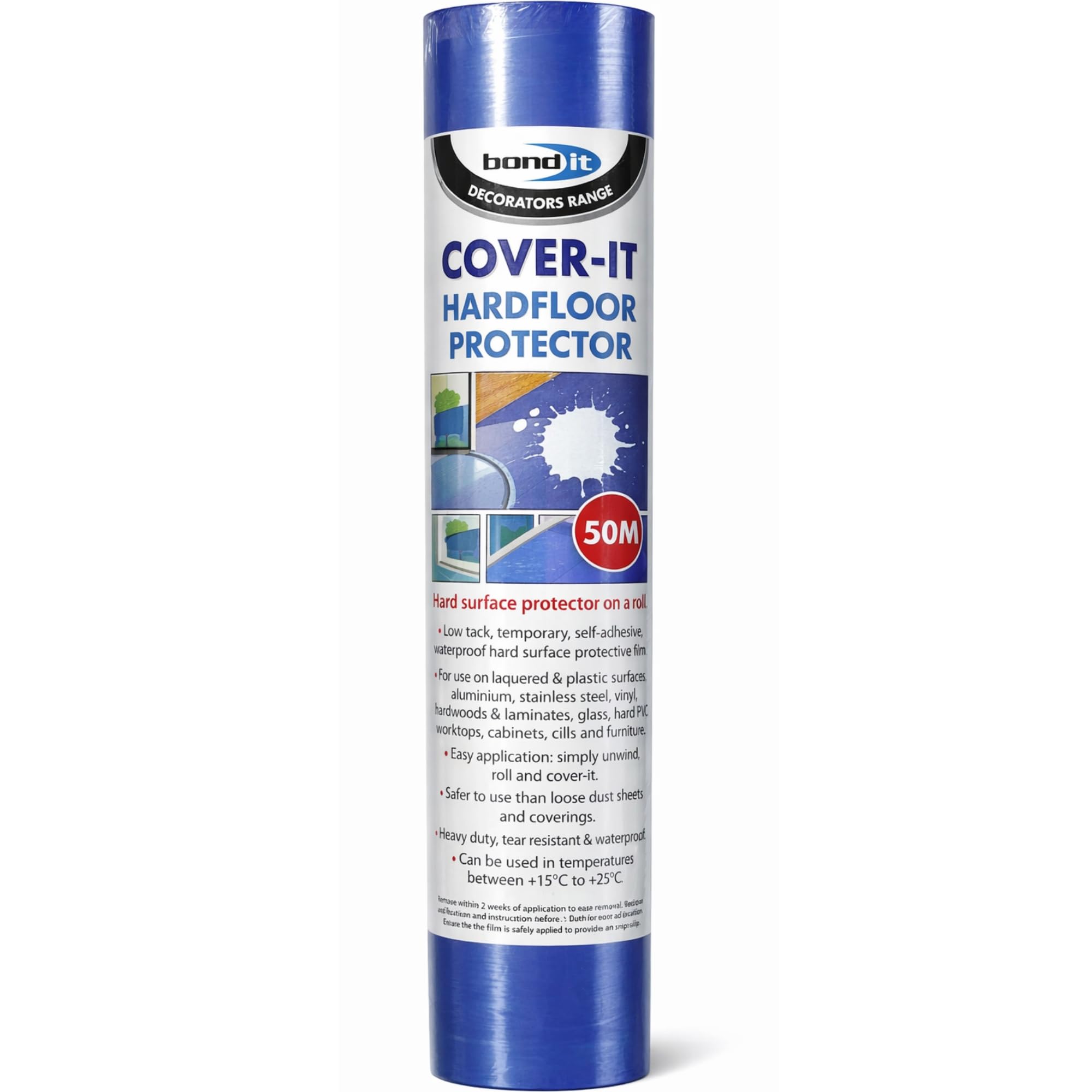 Bond It Blue Cover-It Hard Floor Protector Roll 600Mm X 50M – Self Adhesive Floor Protection Film, Waterproof Temporary Surface Cover For Decorating, Building & Renovation Projects