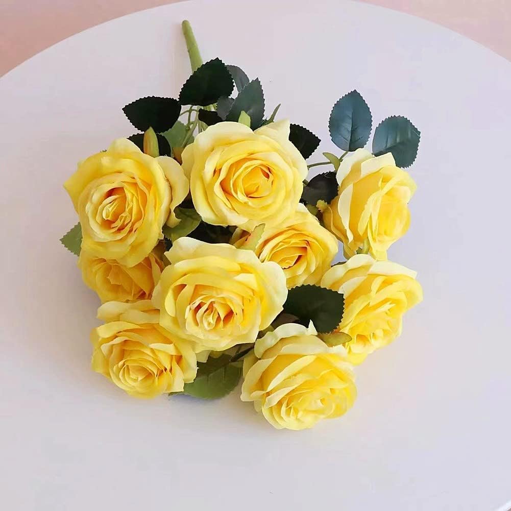Jasion 4 Bundles Artificial Roses Flowers 10 Heads Arrangement Silk Bridal Bouquet for Home Office Parties and Wedding Decoration (Yellow 4pcs) - Image 7