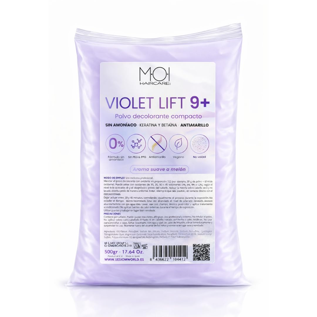 Polvo Decolorante Profesional Violeta 9 tonos de aclarado | Fórmula SIN AMONÍACO | DUST FREE | Antiamarillo | Protege la fibra capilar gracias a la Keratina y Betaína | Olor a Melón. 500g MOI HAIRCARE
