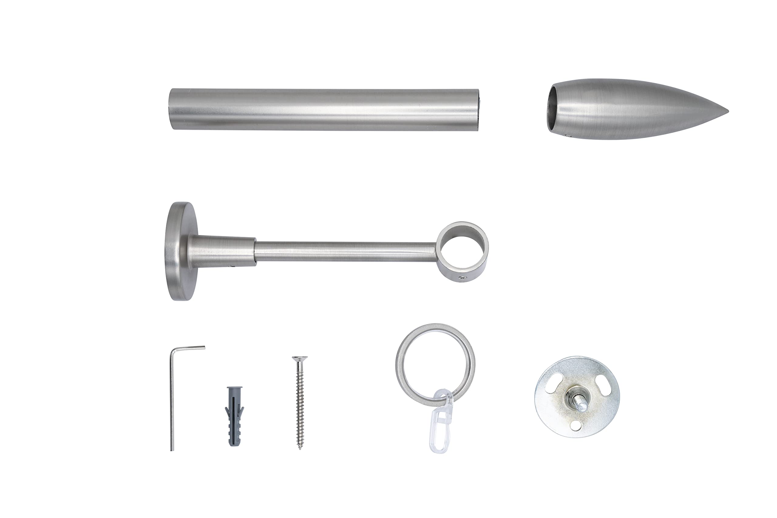 Gardinenstange auf Maß 20mm Patrone 1-lauf Vorhangstange Wandträger Deckenträger 14cm Stilgarnitur mit Ringen für Vorhänge Edelstahl-Optik 130cm