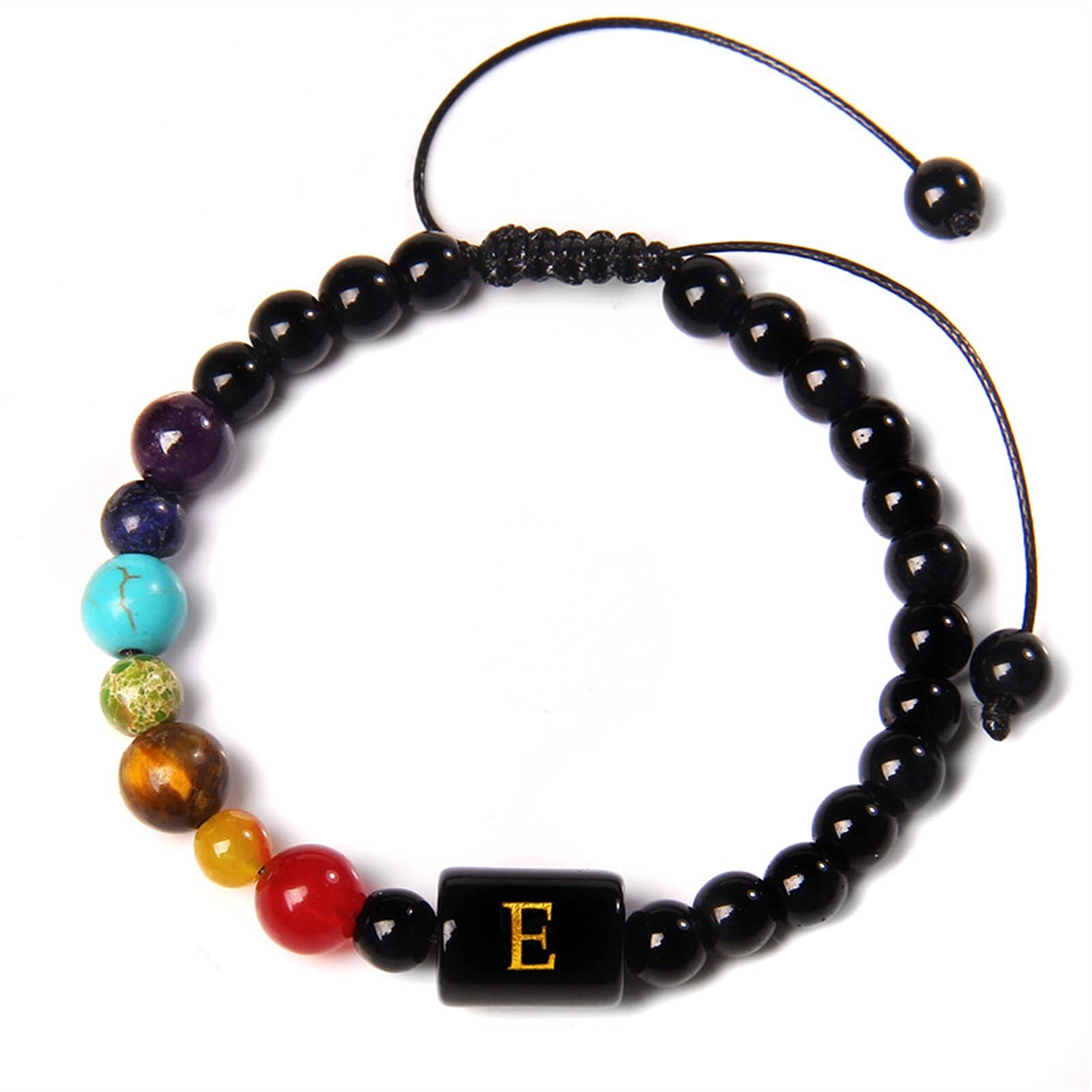 WXKAGF Naturstein-Armband, natürlich, 7 Chakra, Fengshui, schwarzer Onyx, roter Agat, Tigerauge, Stein, Perlenarmband, Herren, schwarzes Seil, 26 Buchstaben, Charm-Armreif, Damenschmuck,