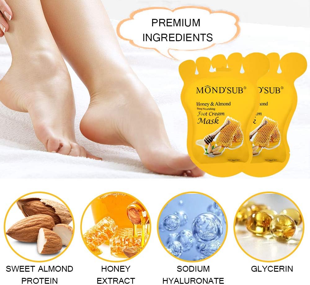 MOND'SUB Honey & Almond Nourishing Foot Masks - Foot Moisturizing Mask for Dry Skin to Deep Hydrating and Brightening Moisturize, Repair Rough Damage Skin for Women & Men(5 Pairs)