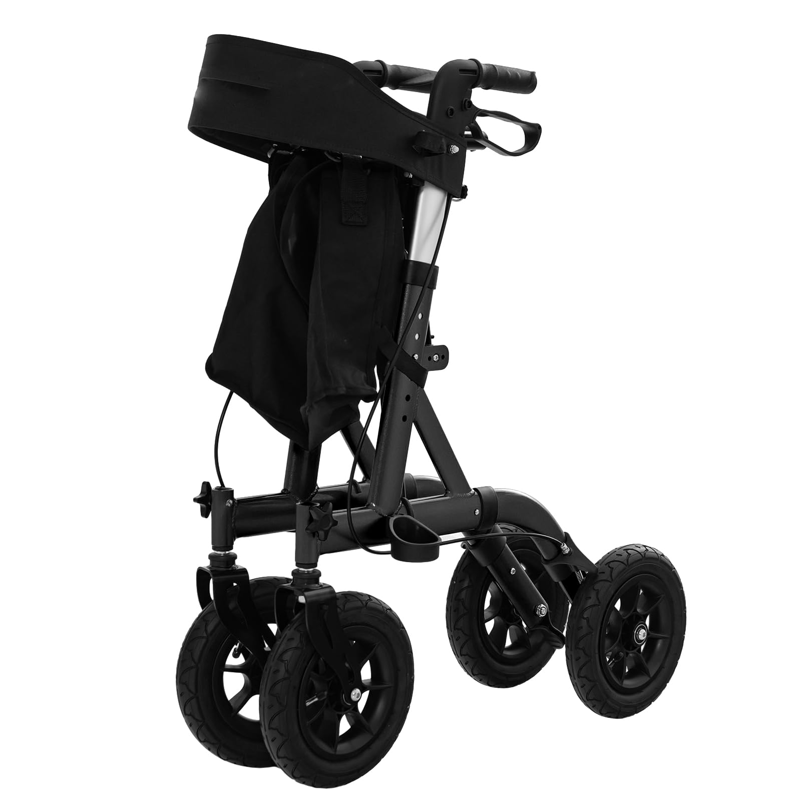 GOPLUS Andador de Altura Ajustable, Andador Plegable con Asiento, Rueda Todo Terreno Neumática de 24 cm, Bolsa de Almacenaje, 160 kg de Capacidad, Andador Ligero para Personas Mayores (Negro)