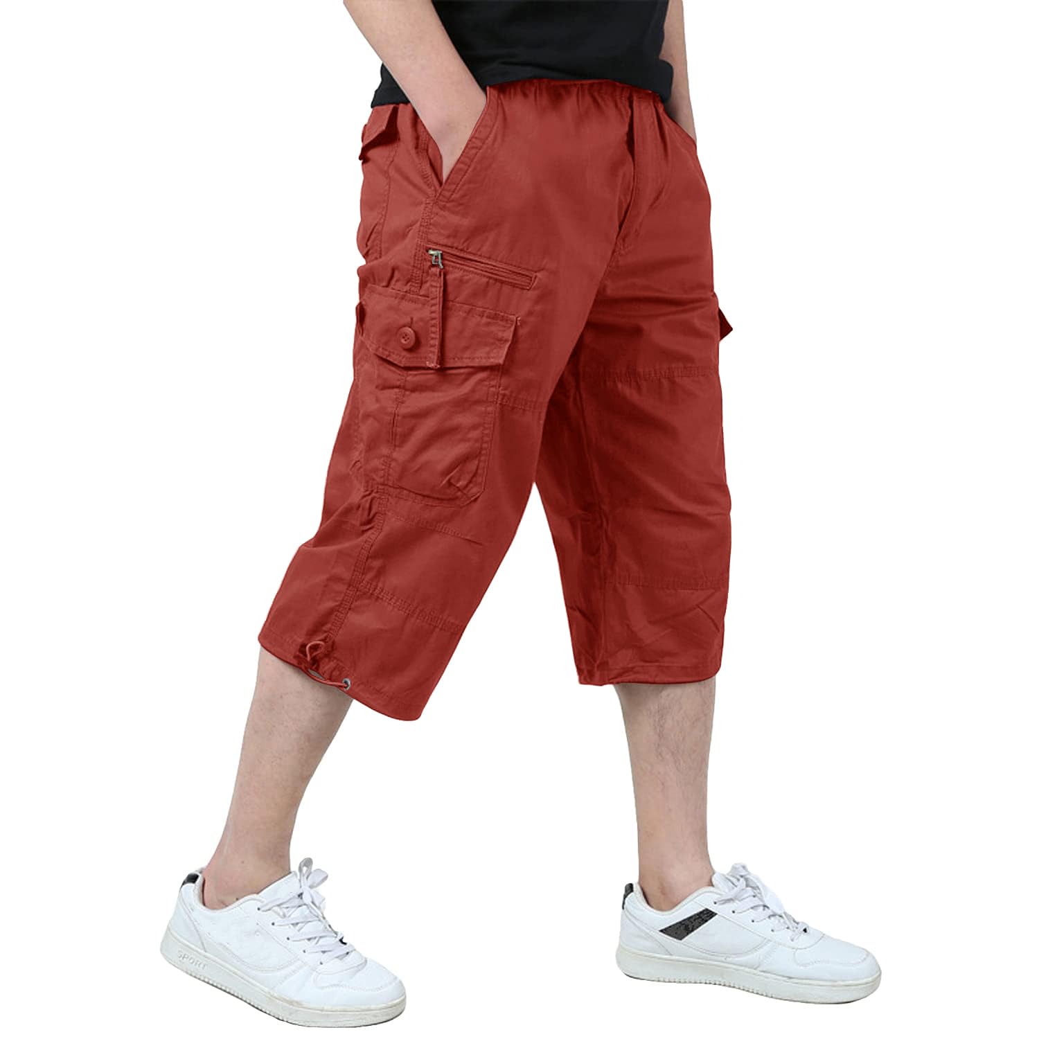 KEFITEVD 3/4 Hose Herren Cargo Shorts Männer Bermuda Shorts Multi Taschen Sommer Kurze Hose Baumwolle Arbeitshose Gummibund Lässig