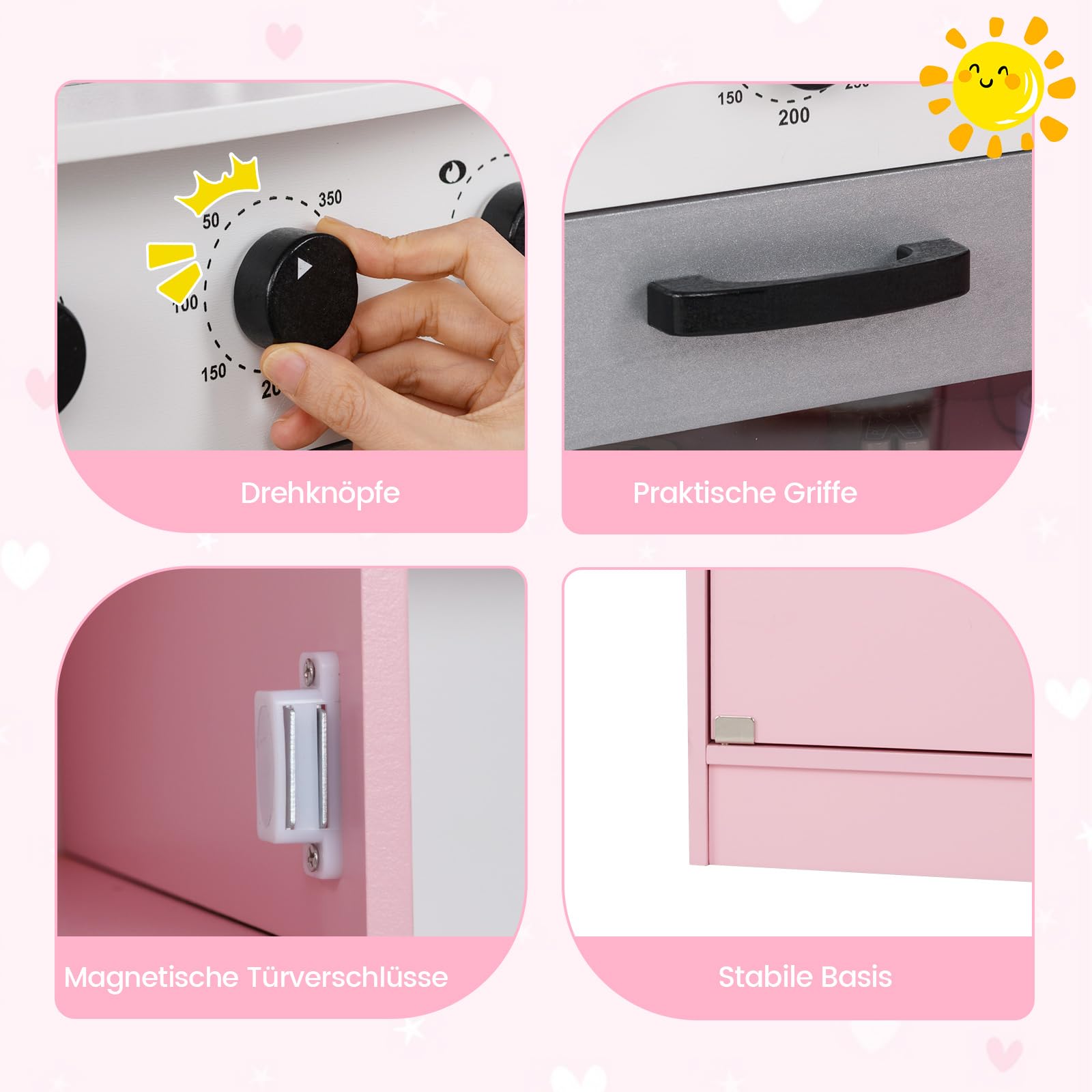 COSTWAY Kinderküche Eck, Spielküche mit Licht & Sound, Kinderspielküche mit Spüle, Eismaschine, Backofen & Kochgeschirr, Holzküche Spielzeugküche für Kinder ab 3 Jahren (Rosa)
