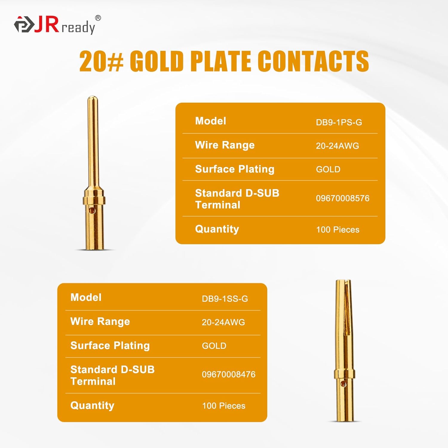 JRready ST6580 100Pairs DB9 Crimp Terminals Gold Plated 20-24AWG Turned Crimp Contacts Male Female Standard 205089-1 and 205090-1 Contact for DB9 Connector