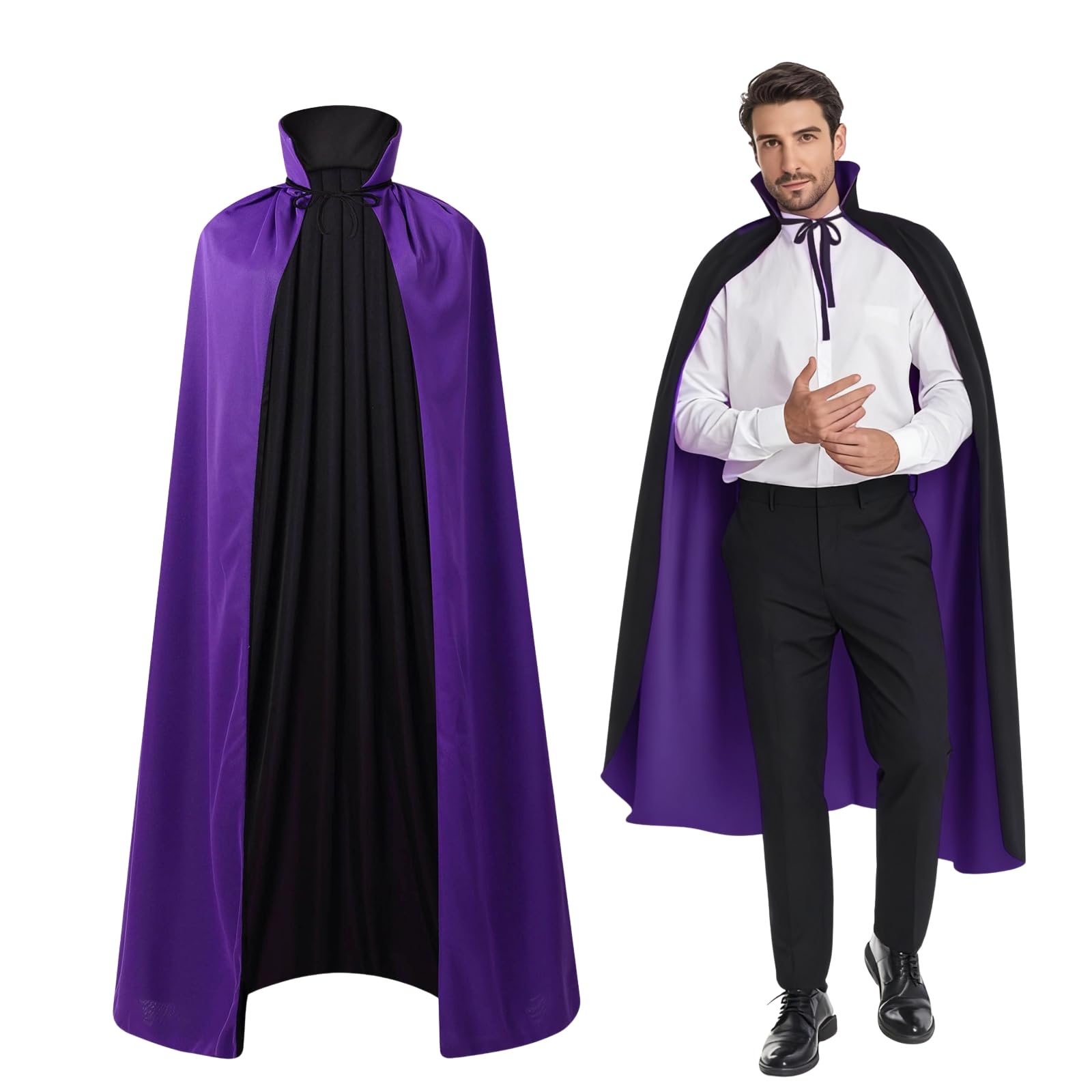 maxToonrain Reversible Black & Purple Cape for Adults,Halloween Christmas Easter Cloak Fancy Dress VampireWitch Wizard Role Play for World Book Day (120CM,Stand Collar)