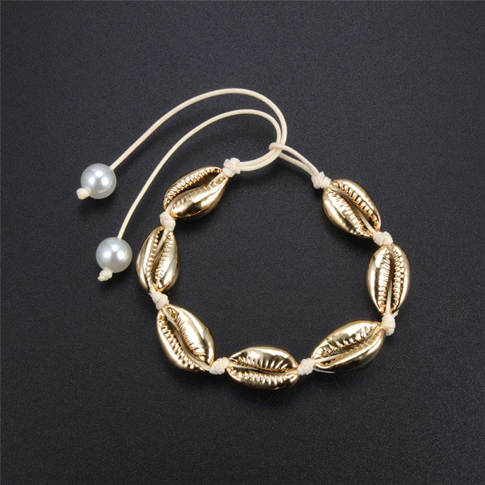 Bracelet Corde Amitié Coquillage Doré Bohème - Réglable Beige, Bijoux Plage BFF Couples