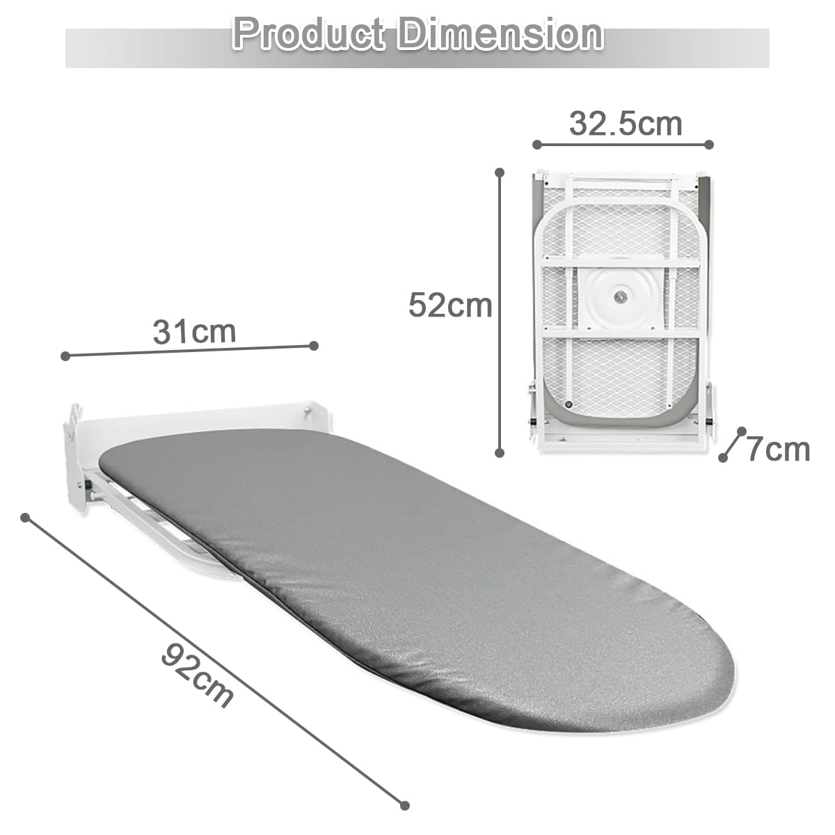 Bügelbrett Wandmontage Klappbar, Faltbare Bügelbrett für kleine Räume | 180° Drehbar Platzsparende Bügelbretter, mit Hitzebeständigem Bezug