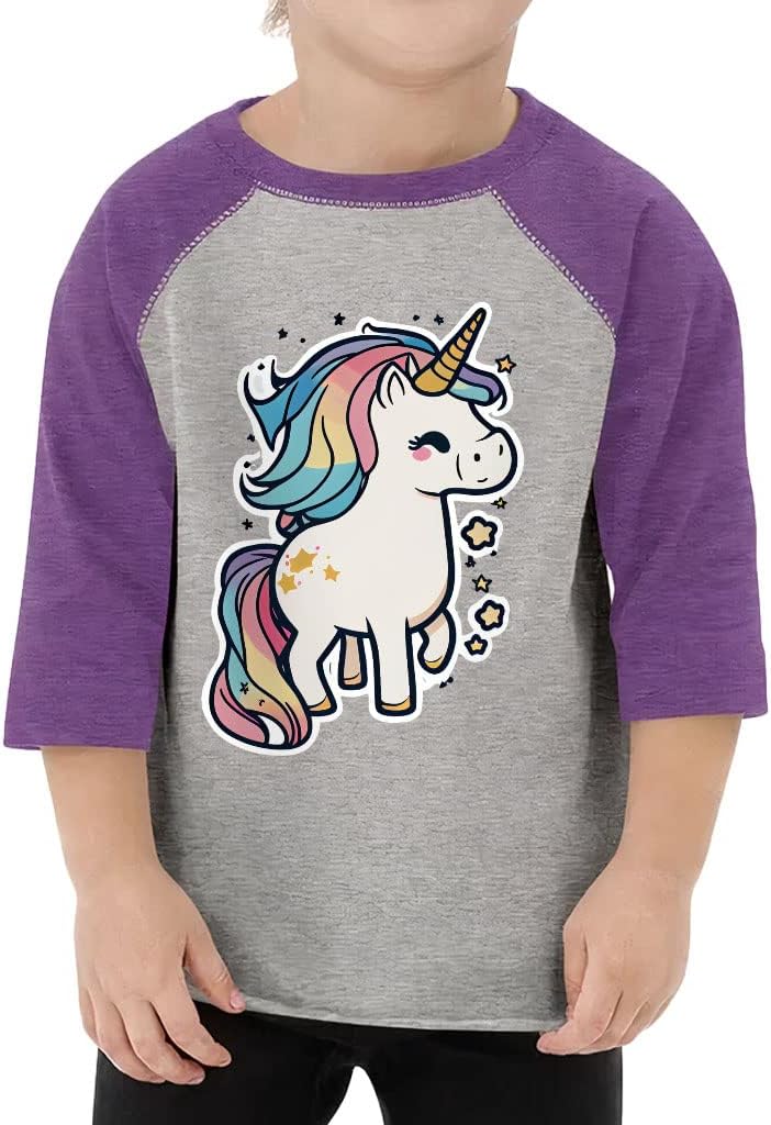 Unicorn Print Toddler Baseball T-Shirt - Funny 3/4 Sleeve T-Shirt - Cute Kids' Baseball Tee
