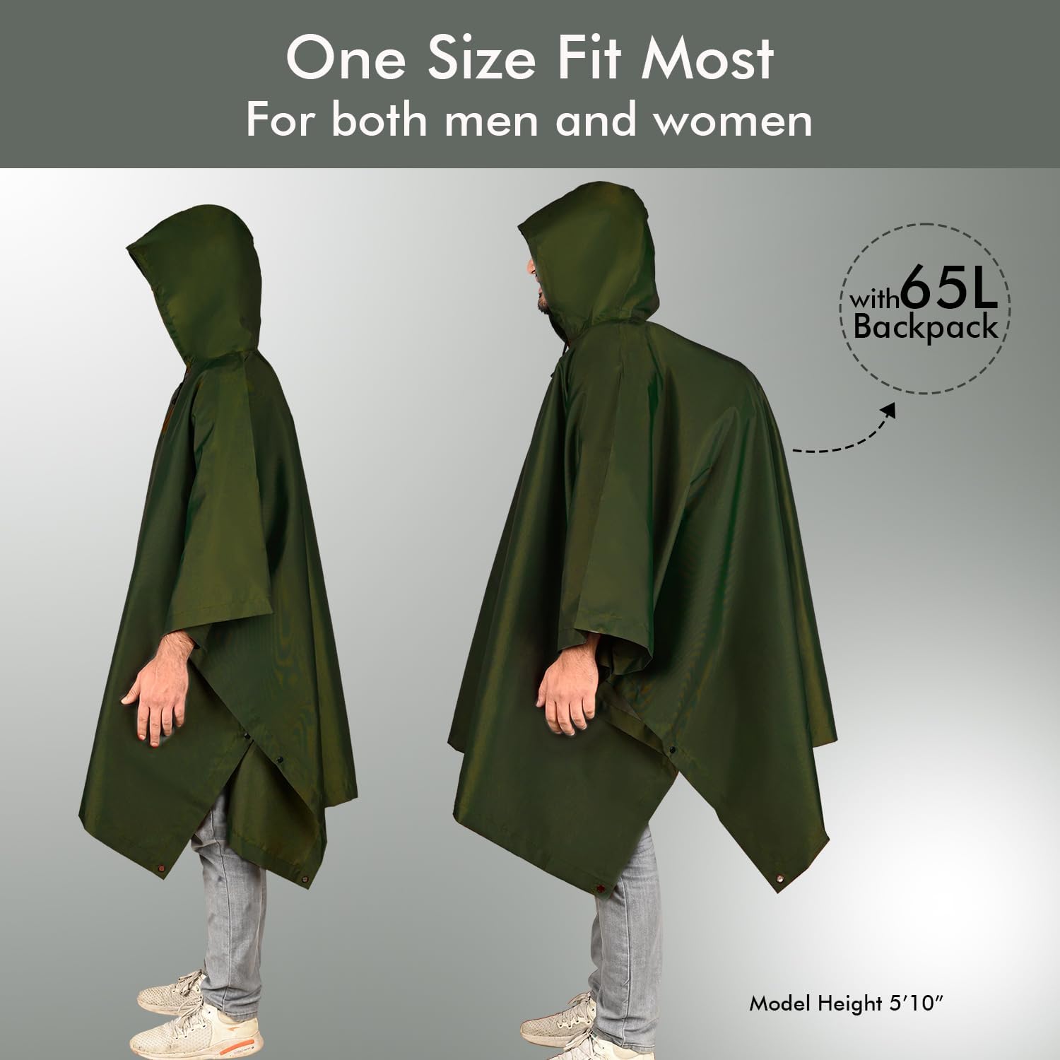 Amazon Brand - Symactive Hooded Raincoat Outdoor Water Resistant Poncho Multi Use Lightweight Rainwear Universal Cape for Hiking Camping (Pack of 1, Green) 1