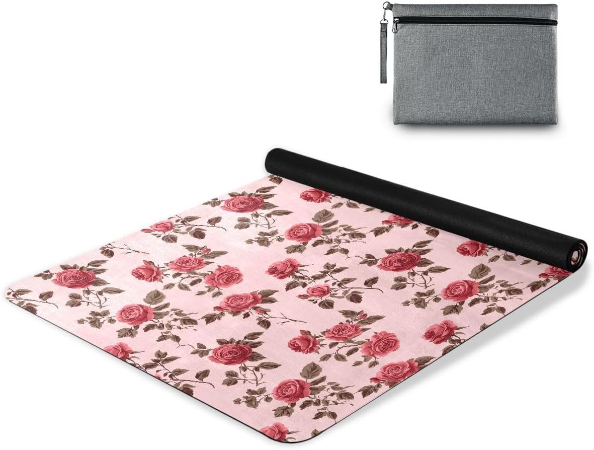 ALAZA Red Rose on Pink Yoga Mat Non Slip Fitness Exercise Mat, Workout Mat for Yoga, Pilates and Floor Exercises