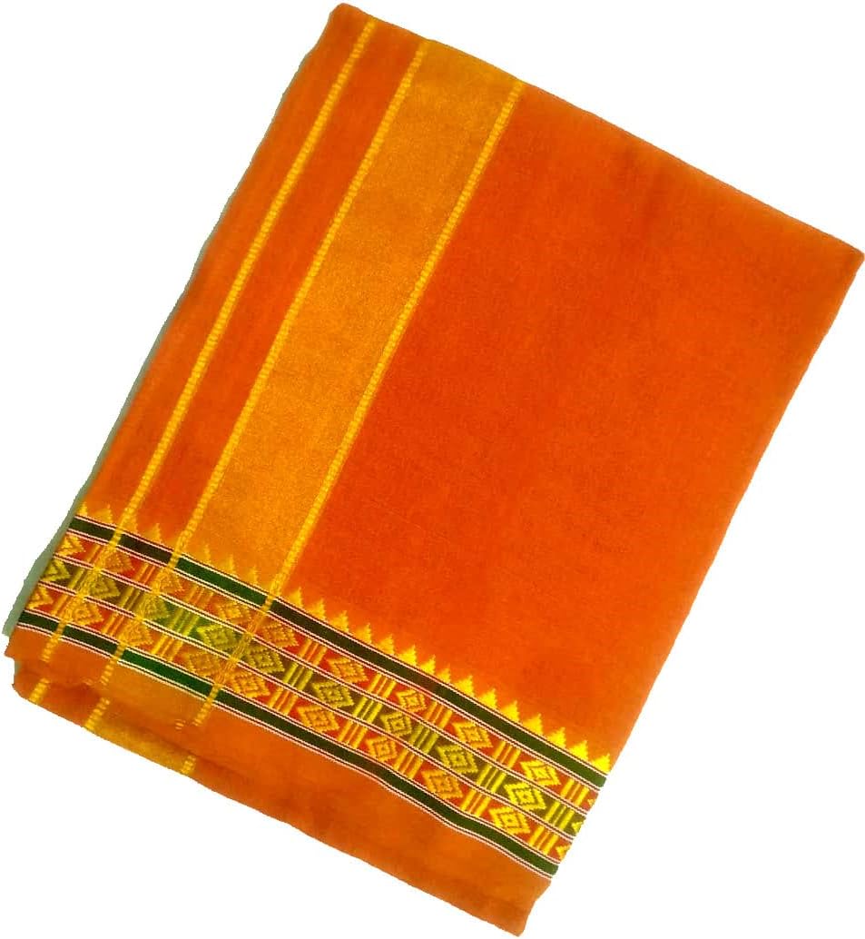 Kolakeer Men's Cotton Color Dhoti With Elegant Border - 4 Mulam/1.9 Mtrs Arunachalam Style Border Single Layer Veshti Mundu (Orange)