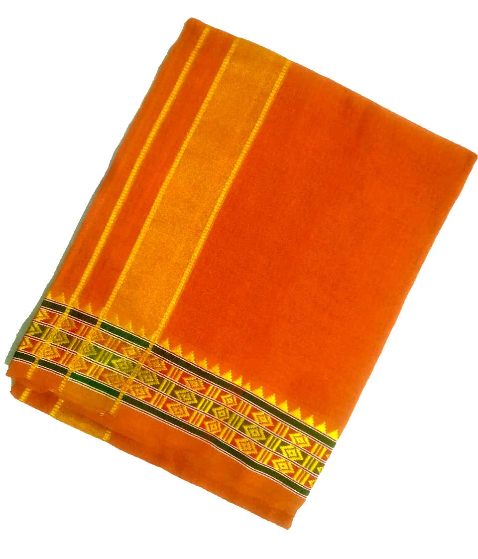 Kolakeer Men's Cotton Color Dhoti With Elegant Border - 4 Mulam/1.9 Mtrs Arunachalam Style Border Single Layer Veshti Mundu (Orange)