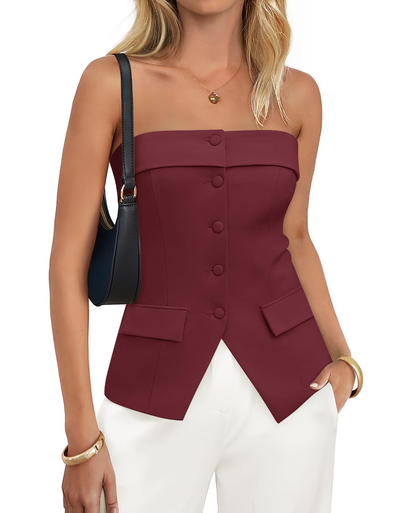 ZESICA Strapless Blazer Vest for Women 2026 Summer Going Out Sleeveless Button Down Dressy Tube Vest Tops Trendy