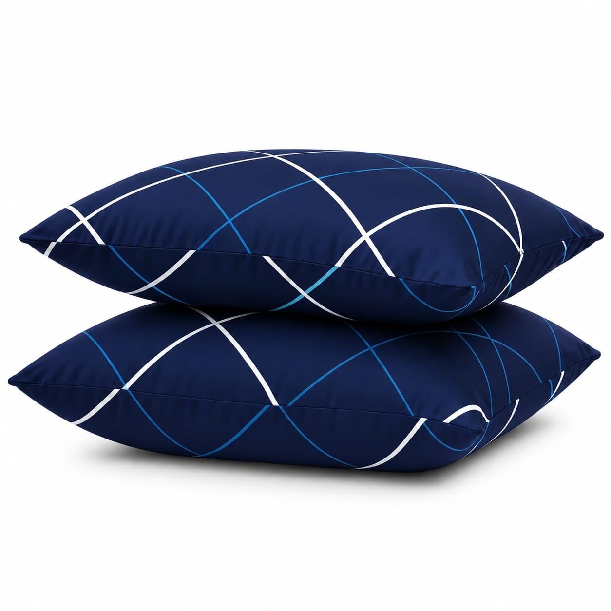 Navy Blue Geometric Printed Pillow, Set of 2 | Curved Line Pattern, White & Blue Design, Bedroom Decor, Envelope Closure, Soft Fabric-image-7