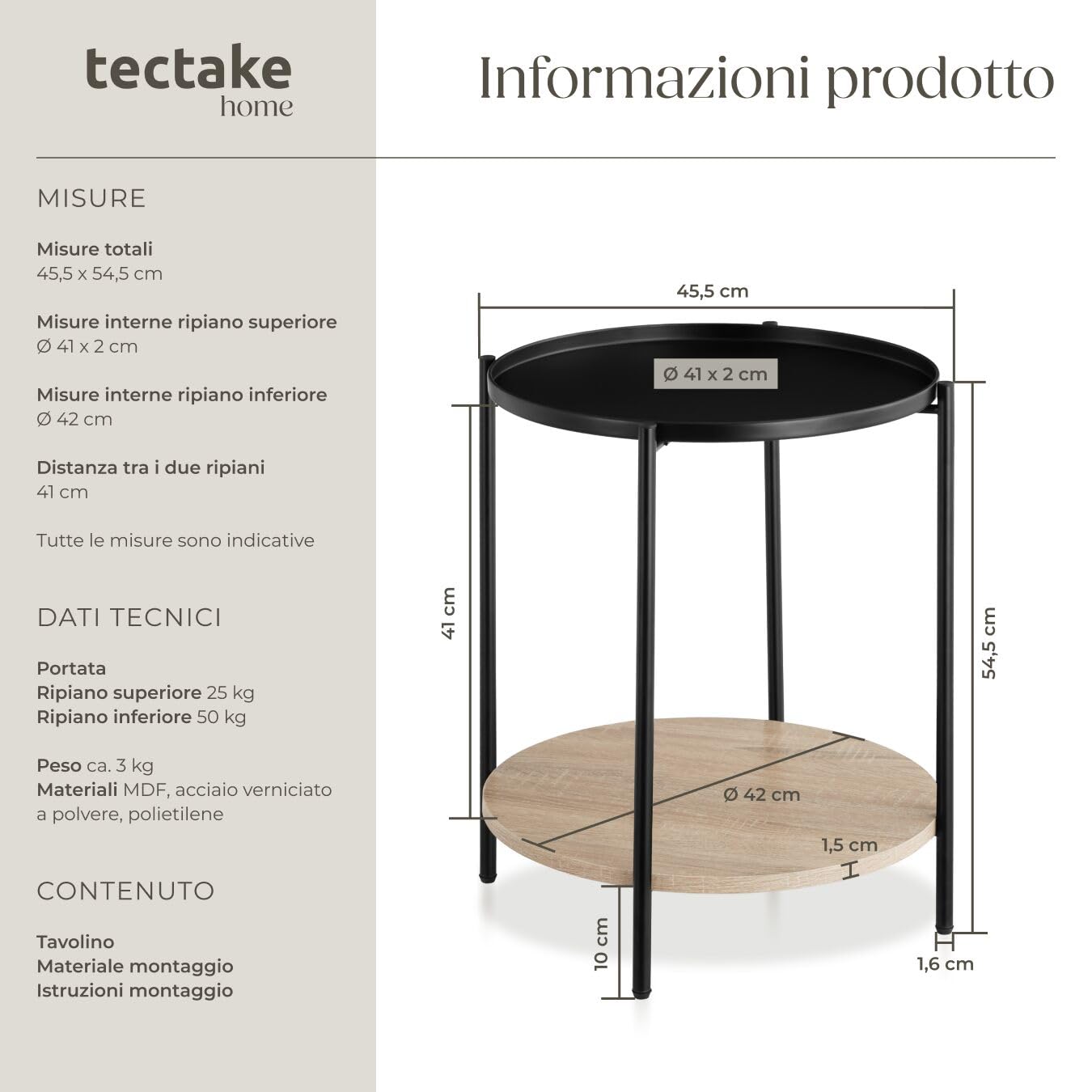 tectake® Tavolino Salotto Tondo 45,5x54,5cm, Tavolino da Divano o Comodino Stretto, Ripiano Vassoio, Soggiorno, Casa, Ufficio per Libri, Lampade, Computer Portatile, Bevande - Legno Industriale Chiaro