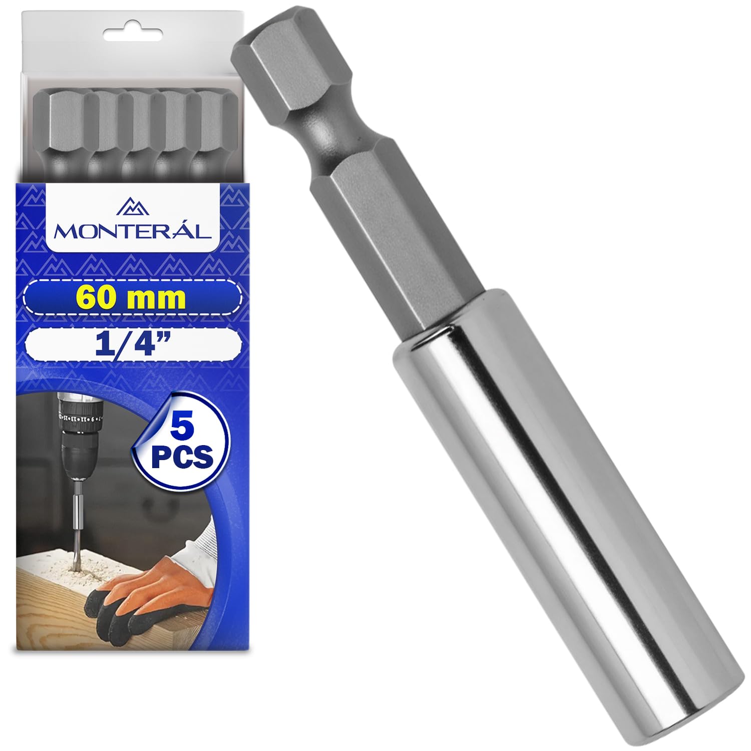 5 Pezzi Portainserti Magnetico 1/4" x 60 mm - Porta Inserti Universale per Trapano e Avvitatore - Realizzato in Alluminio e Acciaio al Cromo Vanadio - MONTERAL