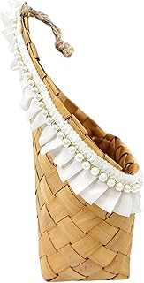 復古風木製壁掛け花籠 防水ライナー パールスカート付き 手編みウォールプランターポット グリーン植物用インテリア装飾 室内外対