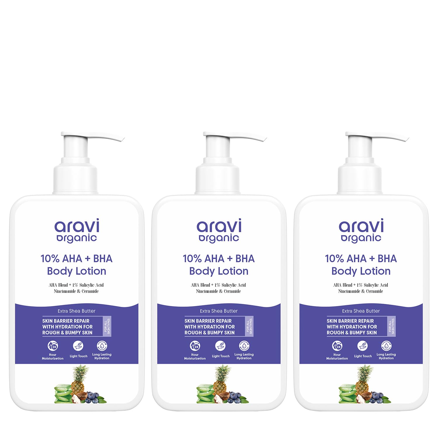 Aravi Organic 10% AHA + 1% BHA Exfoliating Body Lotion With Ceramide, Niacinamide & Shea Butter | Treats Strawberry Legs & Bumpy Skin | Brightening & Smoothing - Pack of 3 (200 ml Each)-image-2