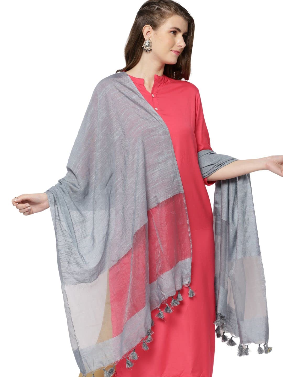dupatta bazaar Women's Linen Grey Dupatta with Organza Border and Tassels.-picture-23