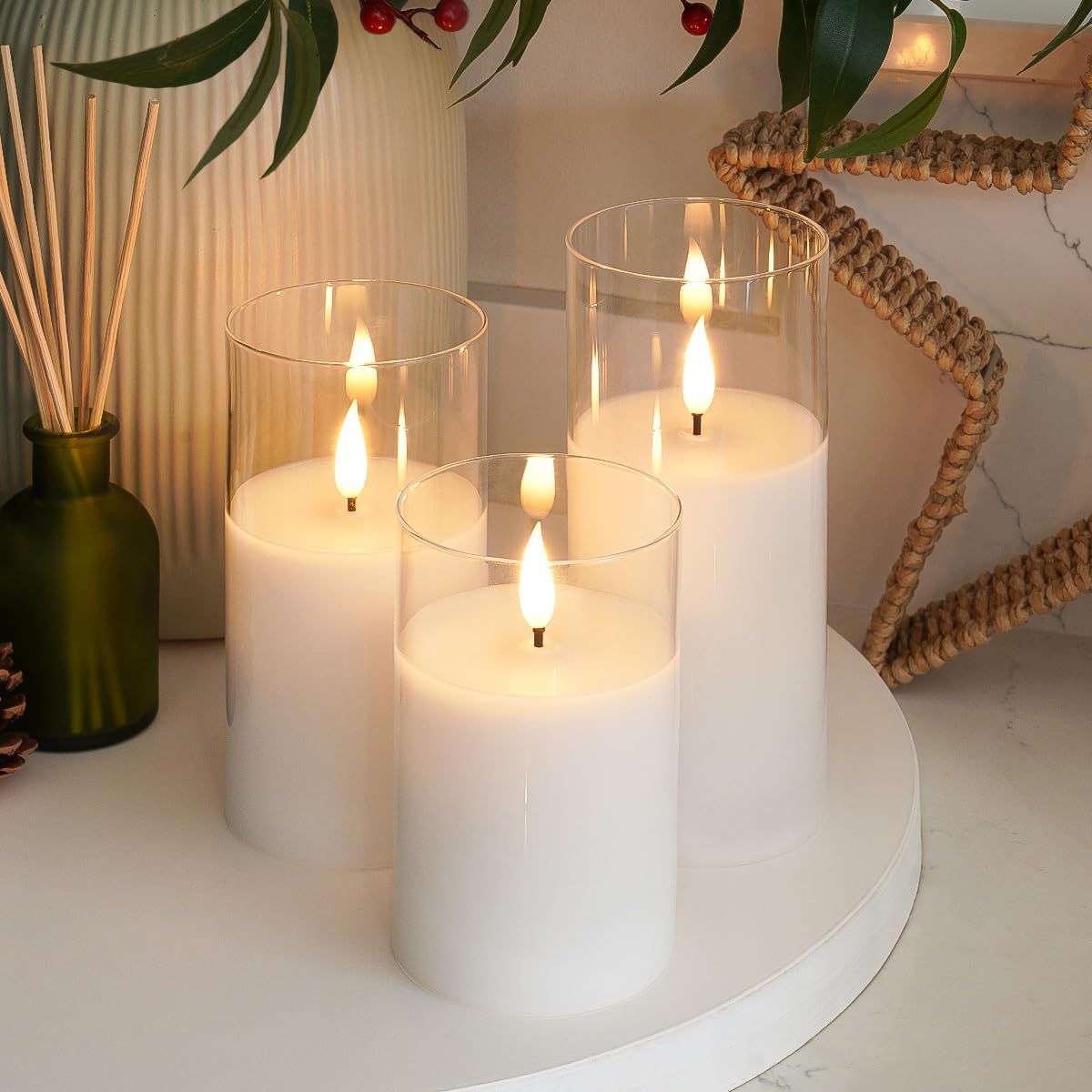 Festive Lights Ember™ Battery Hurricane Glass CandleTrio from B&Q
