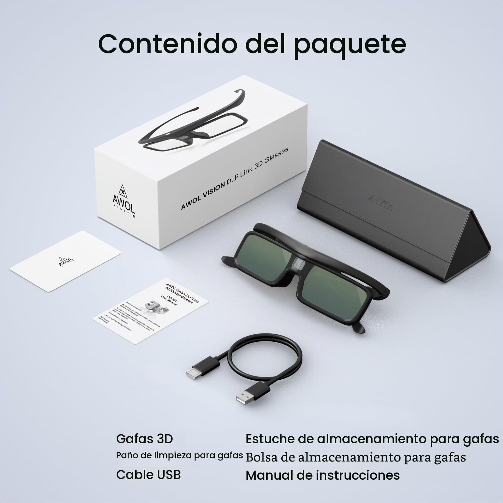 AWOL Vision DLP Gafas 3D Gafas Recargables con Obturador Activo compatibles con AWOL Vision LTV-2500, LTV-3500, Vanish TV y Otros proyectores 3D DLP-Link (2 Paquetes) (2)