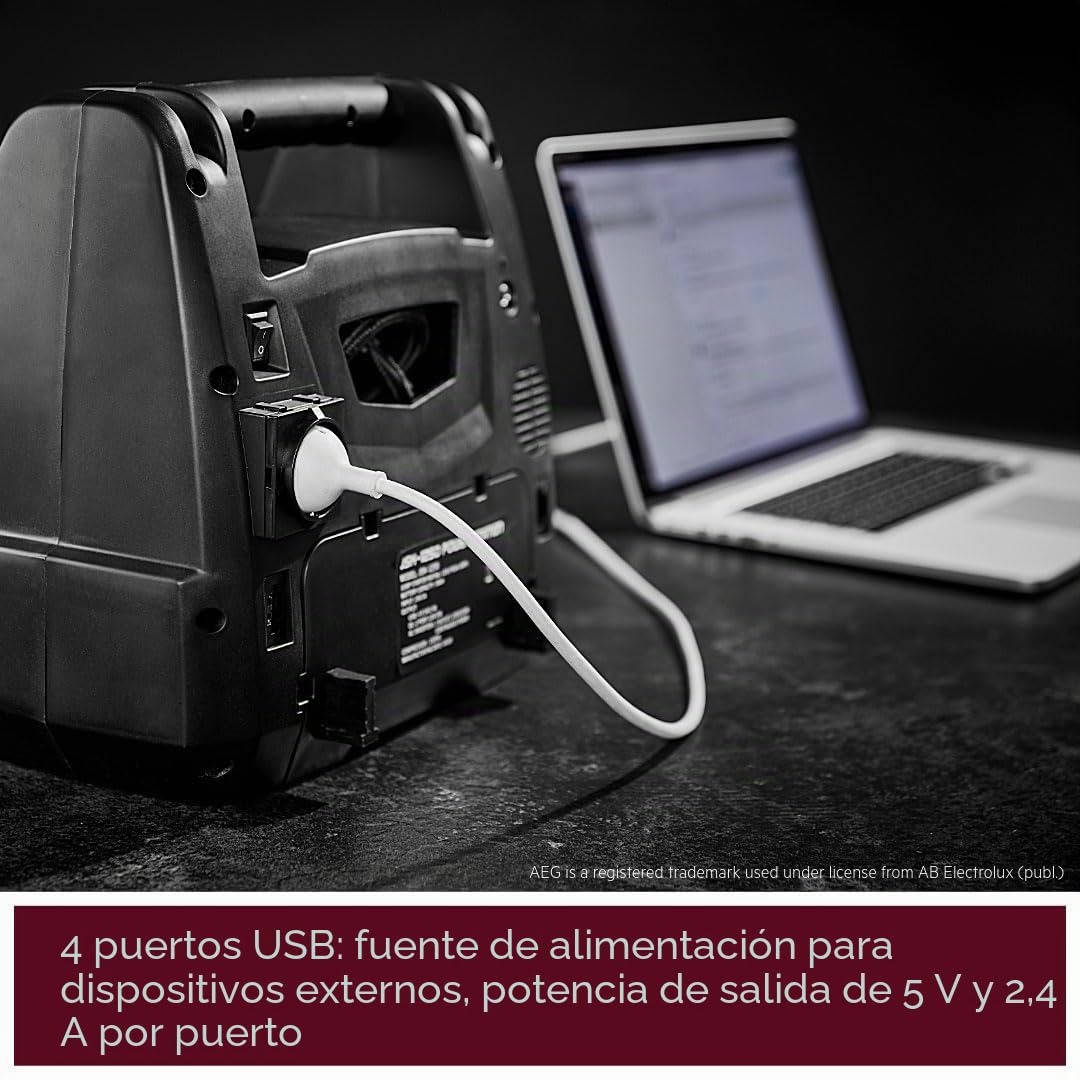 AEG - Estación de energía portátil de 12 V para Coche, con compresor de Aire, Transformador de 220 V, Enchufe, con 4 USB