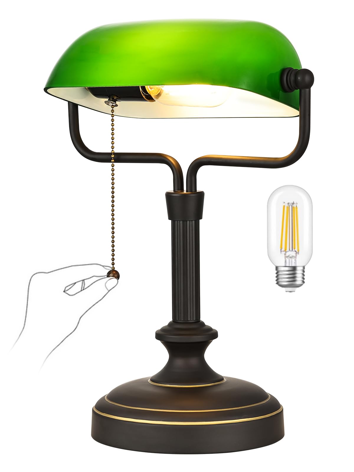 LOFOB Classic Banker's Desk Lamp, Green Glass Shade, Antique Black Base, 60W Max, Pull Chain Switch