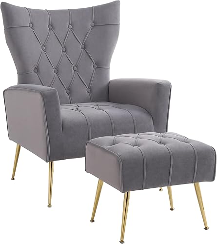 Miniatura 4 de Silla decorativa de terciopelo con otomana, silla tapizada con respaldo de ala, sillas decorativas modernas con patas de metal dorado para