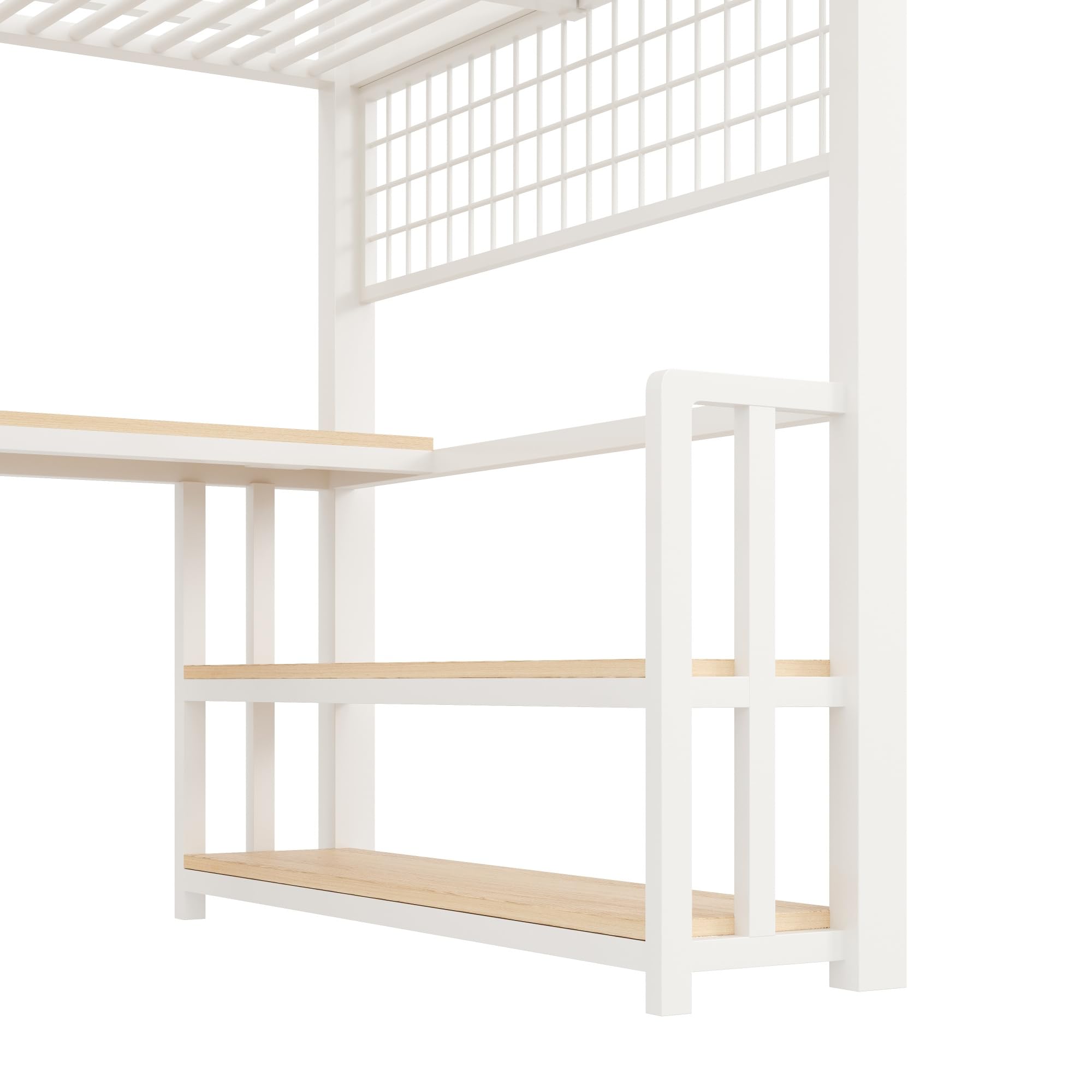 Cama alta de 140 x 200 cm, marco de hierro, estante de almacenamiento, rejilla colgante, barra de luz LED, escritorio, construcción de escaleras con espacio de almacenamiento, con 2 puertos USB y 1