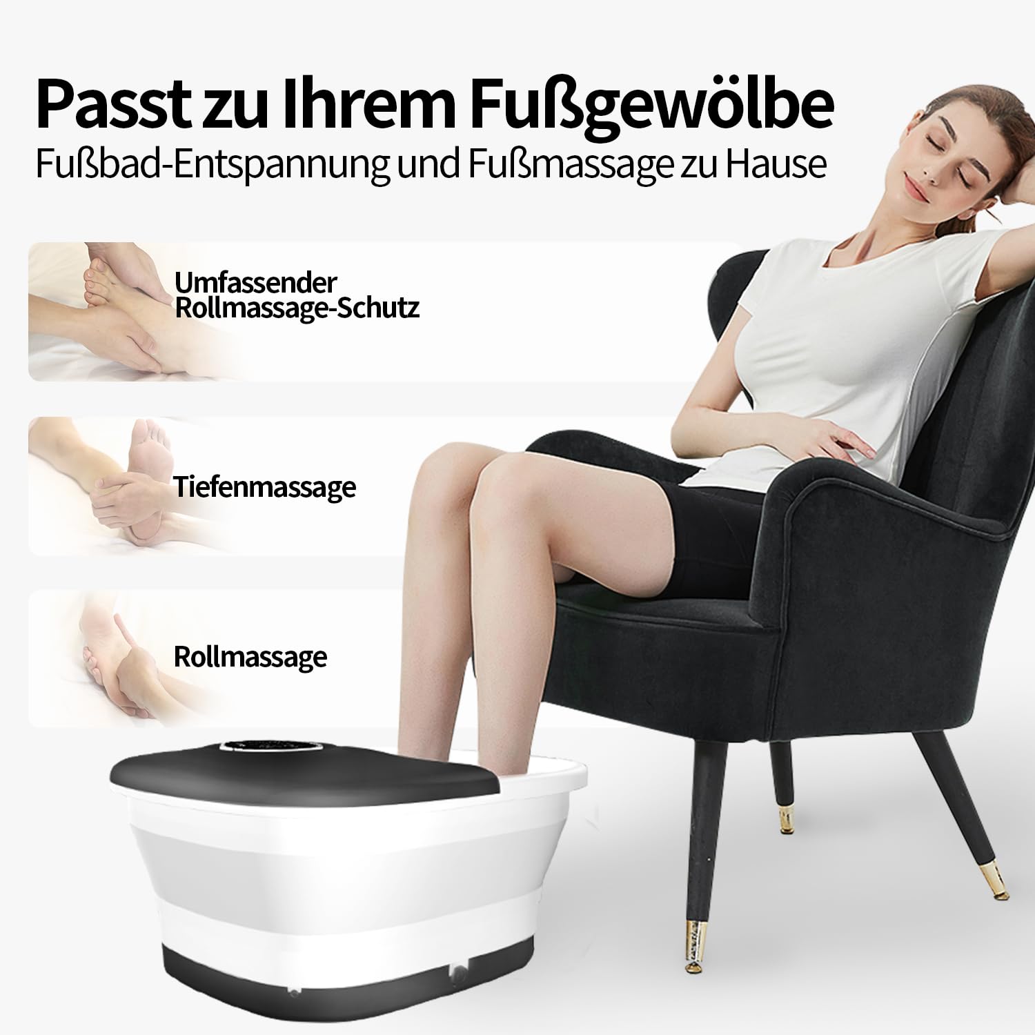 Bañera Spa Masajeador Para Pies, Hidromasaje Para Pies, Masajeador de Pies Plegable con Calefacción, ControlRemoto, Burbujas, Piedra Pómez, Temporizador, 16 Rodillos, Negro