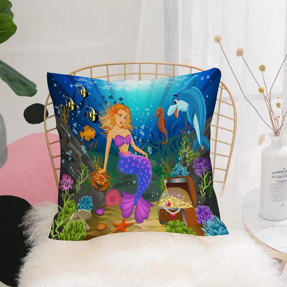 Hyosxw Mermaid Sitting On A Rock Underwater Surroun - A3 Cushion Cover,Throw Pillow Case Home Decorative For Living Room Bedroom Sofa Chair 18X18 Inch,Mermaid Sitting On A Rock Underwater Surrounded By Fish,Pillowcase 45X45cm