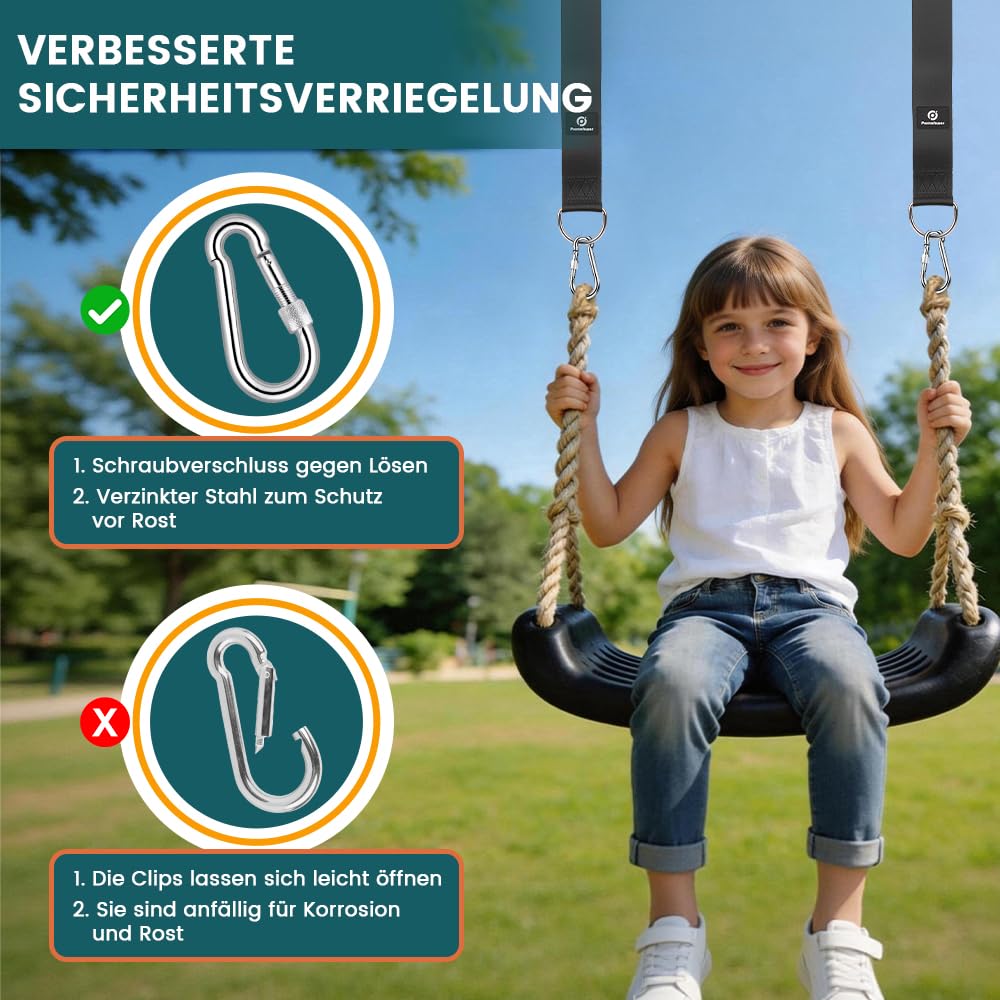 900 kg Schaukelbefestigung-Aufhängungsset, inklusive D-Ringen und Karabinerhaken aus Edelstahl, geeignet für Hängematten, Schaukeln, Hängesessel und Turnringe (Black 150cm) - 4