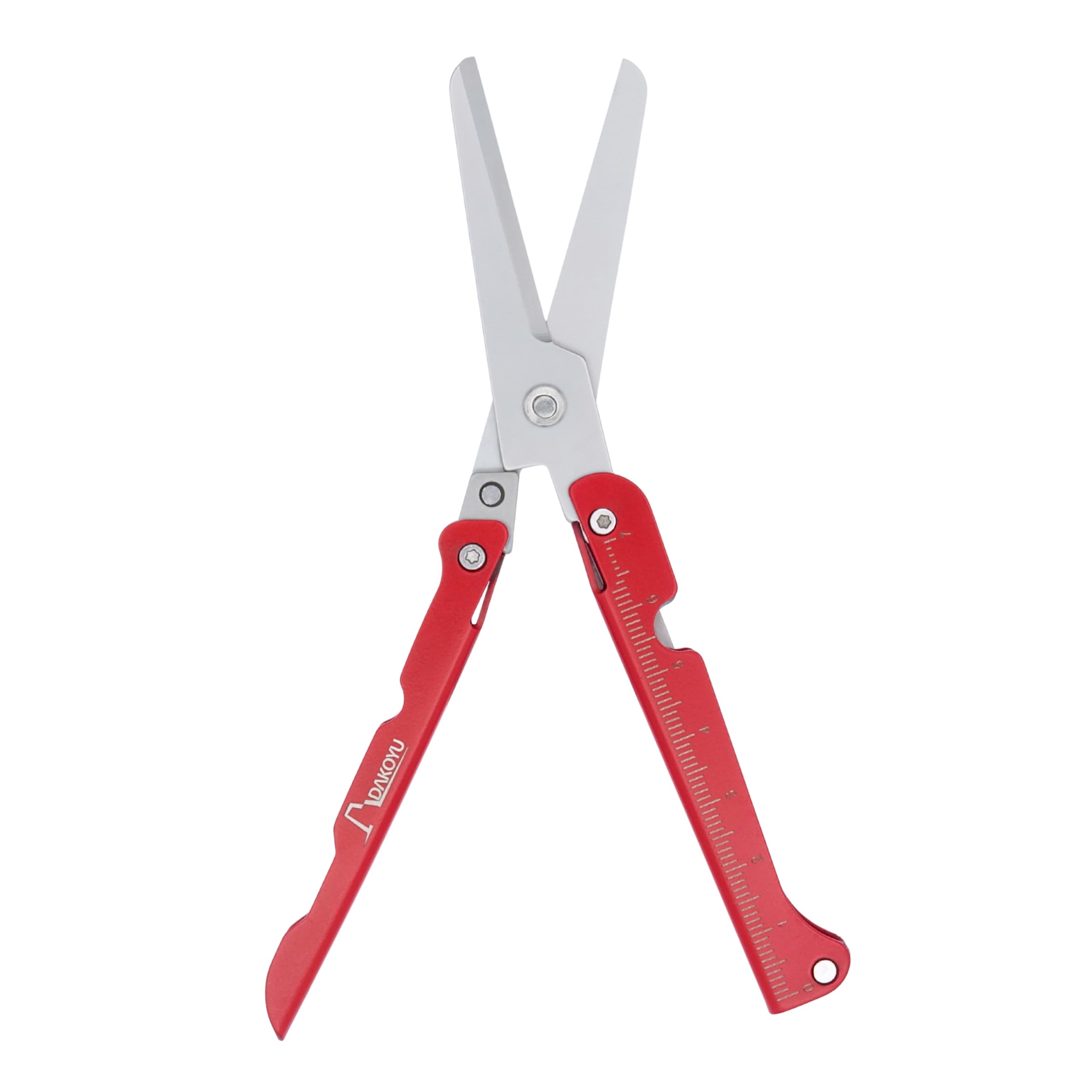 DAKOYU Mantis Compact Folding Scissors, Slim Design, Stainless Steel Foldable Scissor with Ruler, Pocket Clip, Tool for EDC, Hobby, Crafts, Camping, Hiking, Survival, Multitool, Gift Idea (Red)